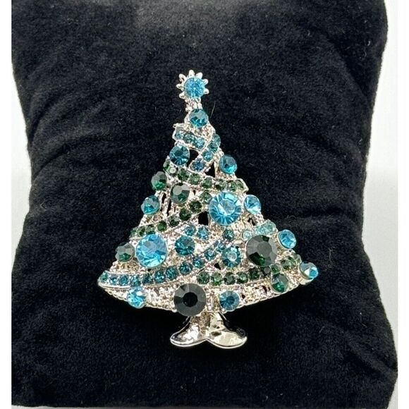 Silver Tone Christmas Tree Blue Green Rhinestone Brooch Holiday Party Pin - Picture 4 of 7